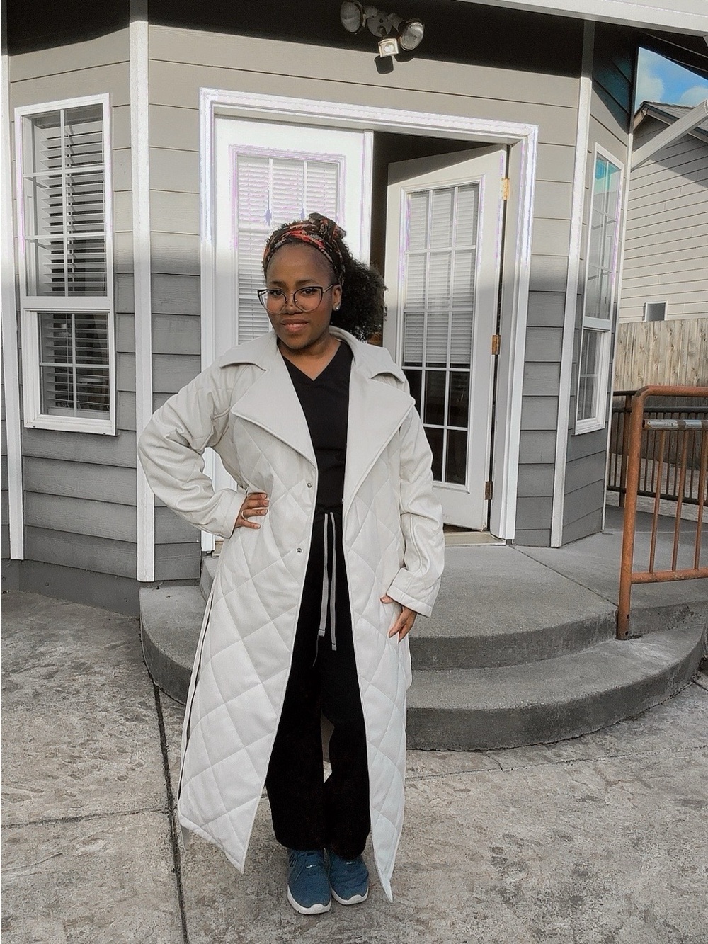 Fashion Nova Quilted Longline Trench Coat in Cream